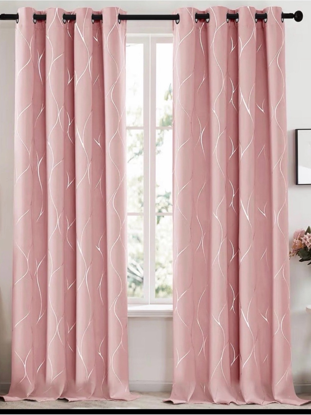 Blackout Curtains- Pink w/ Silver Wave Lines 2 panels 42x45